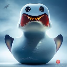duck #430 | A fierce blend of shark and rubber duck with shark teeth, large eyes, menacing, professional majestic oil painting, 3d render, cgi