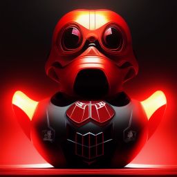 duck #145 | Photo of a blend of droid, rubber ducky and duckling as king with red reflections in eyes, cyberpunk cyborg, sci - fi, intricate abstract upper body intricate artwork, by tooth wu, wlop, beeple