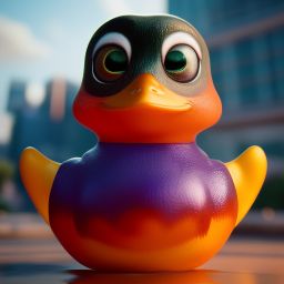 duck #580 | An adorable baby duckling dressed as a superhero, complete with a cape and a mask, ready to save the day, standing proudly on a skyscraper rooftop, overlooking a bustling city