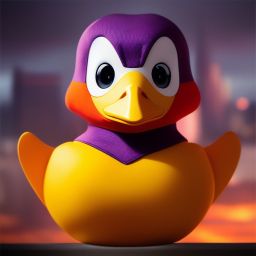duck #603 | An adorable baby duckling dressed as a superhero, complete with a cape and a mask, ready to save the day, standing proudly on a skyscraper rooftop, overlooking a bustling city