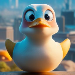 duck #579 | An adorable baby duckling dressed as a superhero, complete with a cape and a mask, ready to save the day, standing proudly on a skyscraper rooftop, overlooking a bustling city