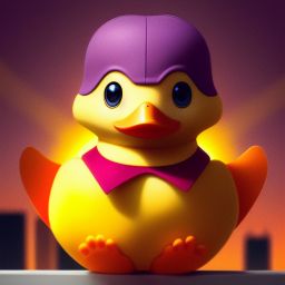duck #602 | A futuristic robotic duckling, sleek and metallic, equipped with advanced technology, neon lights illuminating its body, hovering above the ground, set against a futuristic cityscape