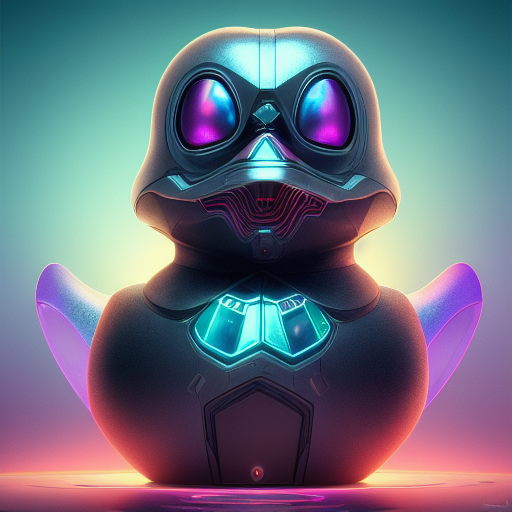 duck #152 | Photo of a blend of alien, rubber ducky and duckling as king with red reflections in eyes, cyberpunk cyborg, sci - fi, intricate abstract upper body intricate artwork, by tooth wu, wlop, beeple