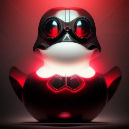 duck #130 | Photo of a blend of droid, rubber ducky and duckling as king with red reflections in eyes, cyberpunk cyborg, sci - fi, intricate abstract upper body intricate artwork, by tooth wu, wlop, beeple